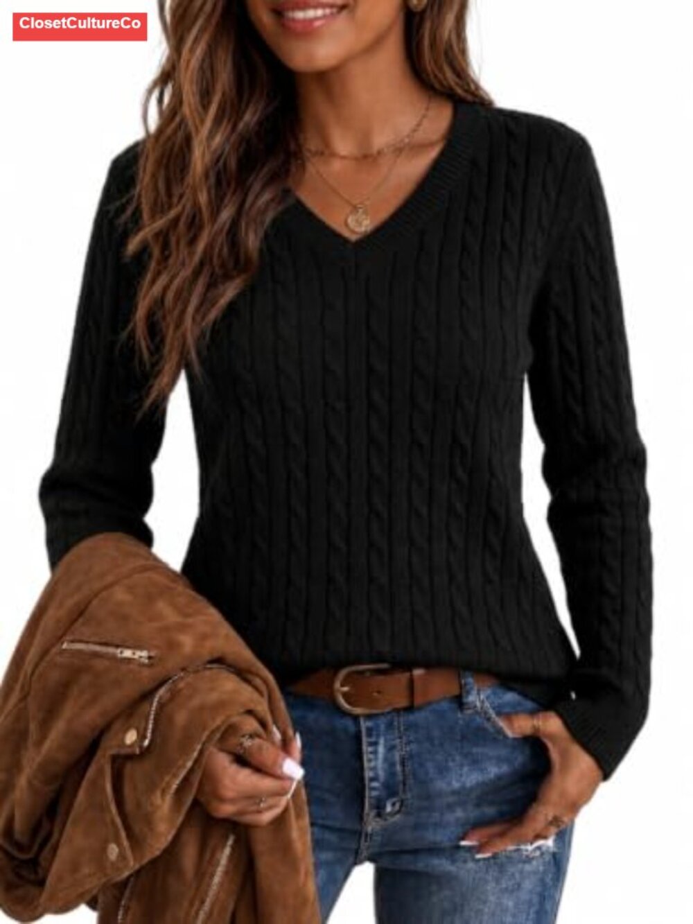 Women's Cable Knit V Neck Pullover Sweater Fitted Cotton Long Sleeve